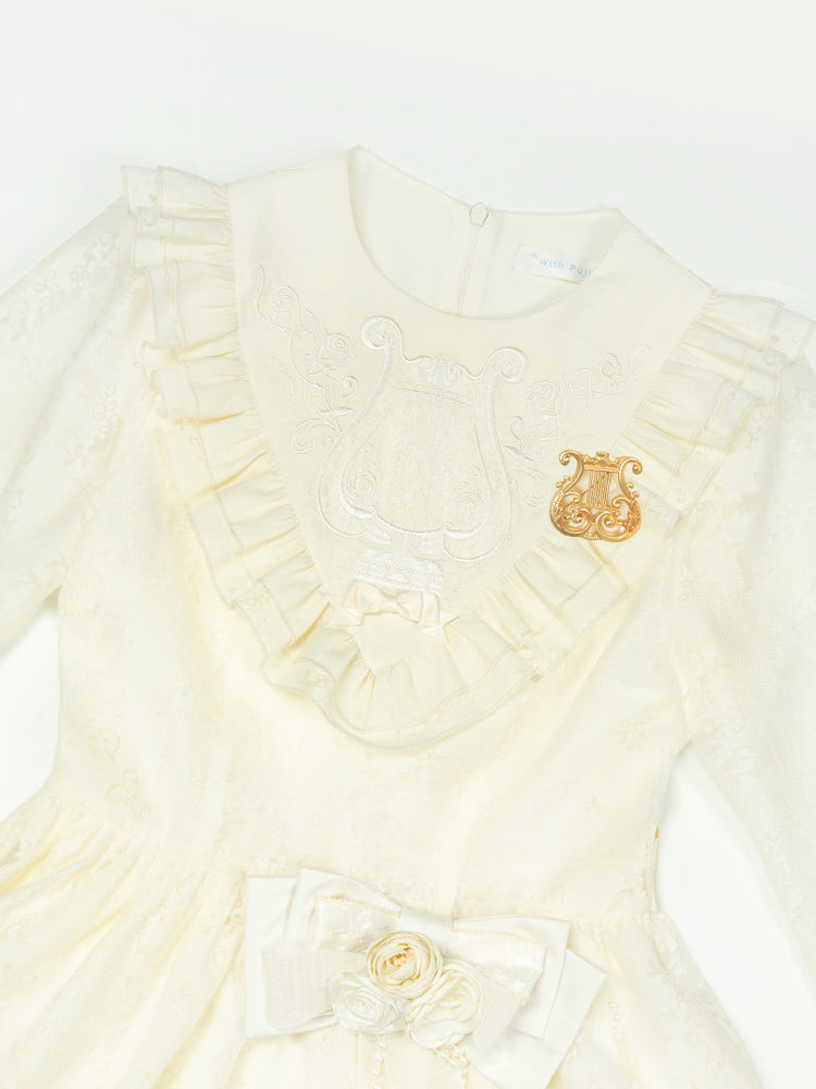 Beige Elegante Ärmel Klassische Frühling Lolita Kleid Stickerei Semi-transparent Harfe Lange
