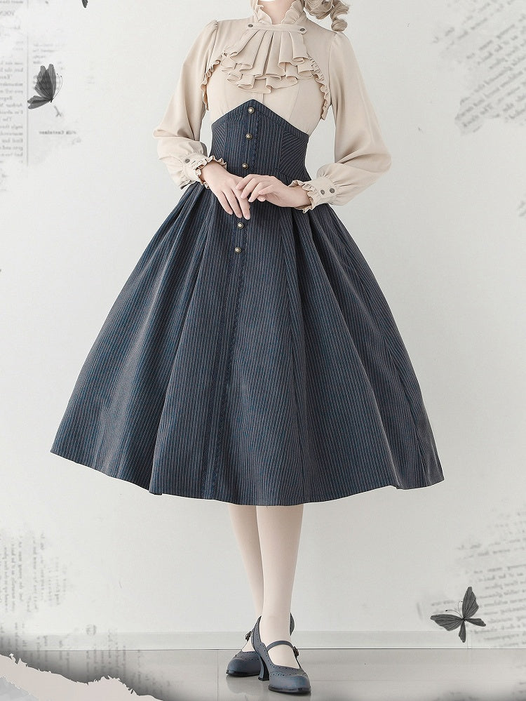 Dunkelstaubblauer Frühlings-Vintage-Lolita-Rock mit hoher Taille und Stäbchen