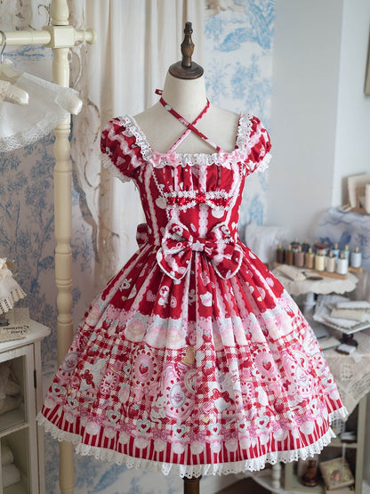 Cat Print Crimson Sweet Lolita OP Dress with Removable Crisscross Halter Straps - Pastry Chef