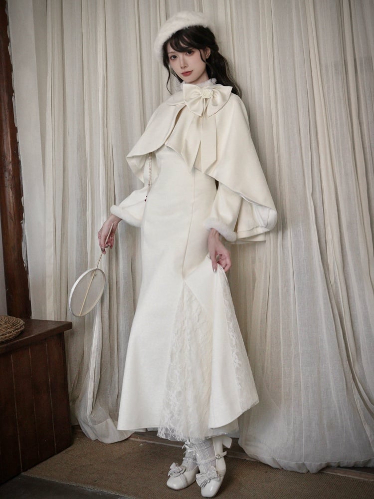 Off White Plüschbesetzter Cheongsam-Kragen und Manschetten Meerjungfrauenrock Qipao