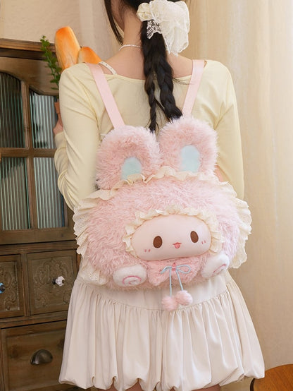 Backpack Plush Rabbit-shaped Trim Lace Pink