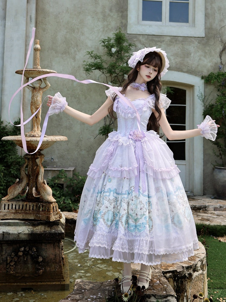 Purple Lily Print Lolita JSK Gown with Tulle Overlay and Back Bow Set - White Sugar Girl