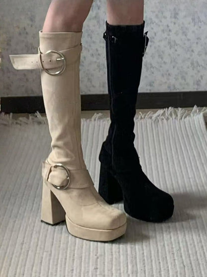 High Black Heel Platform Square Boots with Design Block Toe