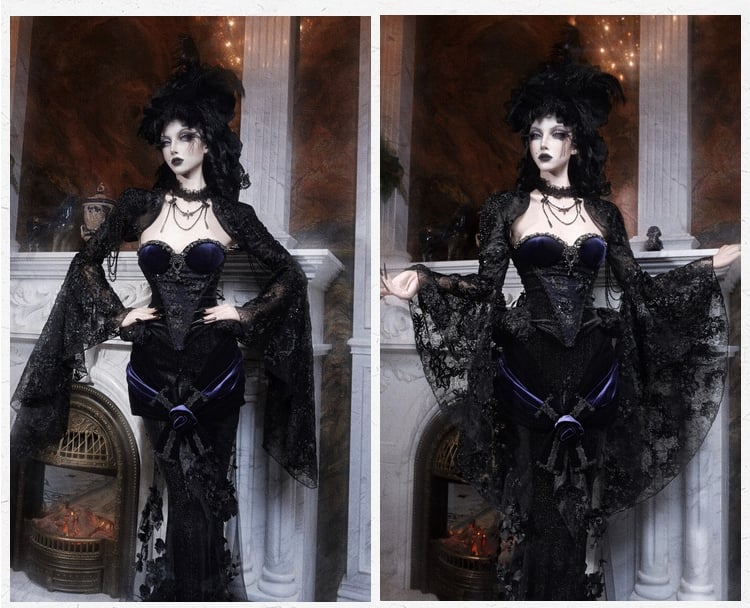 Romantic Goth Black Purple Velvet Corset with Rhinestones Beading - Blood Supply