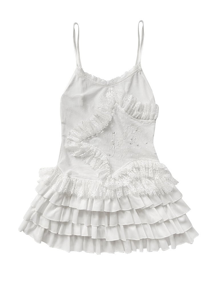 Lace-trimmed with Multi-Layer Ballet-Inspired Hem Cami White Star Top Ruffle Rhinestone