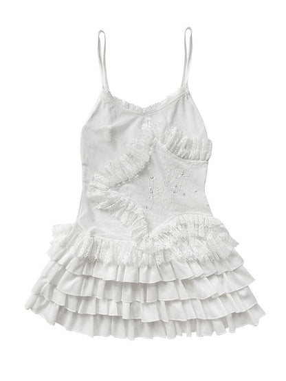 Lace-trimmed with Multi-Layer Ballet-Inspired Hem Cami White Star Top Ruffle Rhinestone