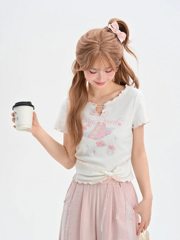 Sweet T-Shirt Big Hem Lettuce Hem White Cake Print Neckline Pins Bow