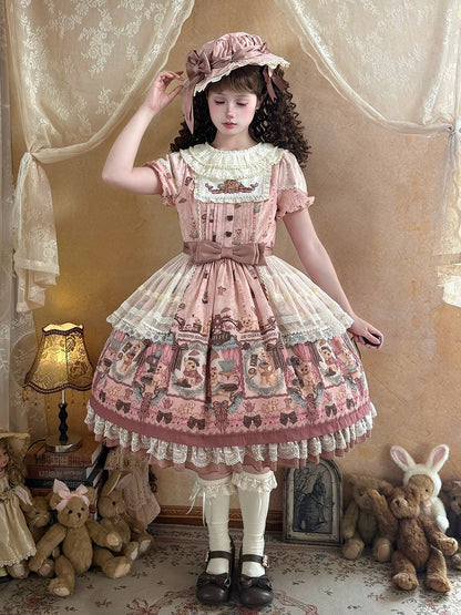 Puppy Coffee Shop Print Pink Sweet Lolita OP Dress with Dot Tulle Overlay - Stars Fall on the Foggy Island