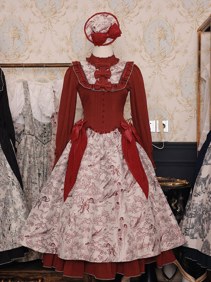 Animals Long-Sleeve Elegant White Print Lolita Forest Piece One Red