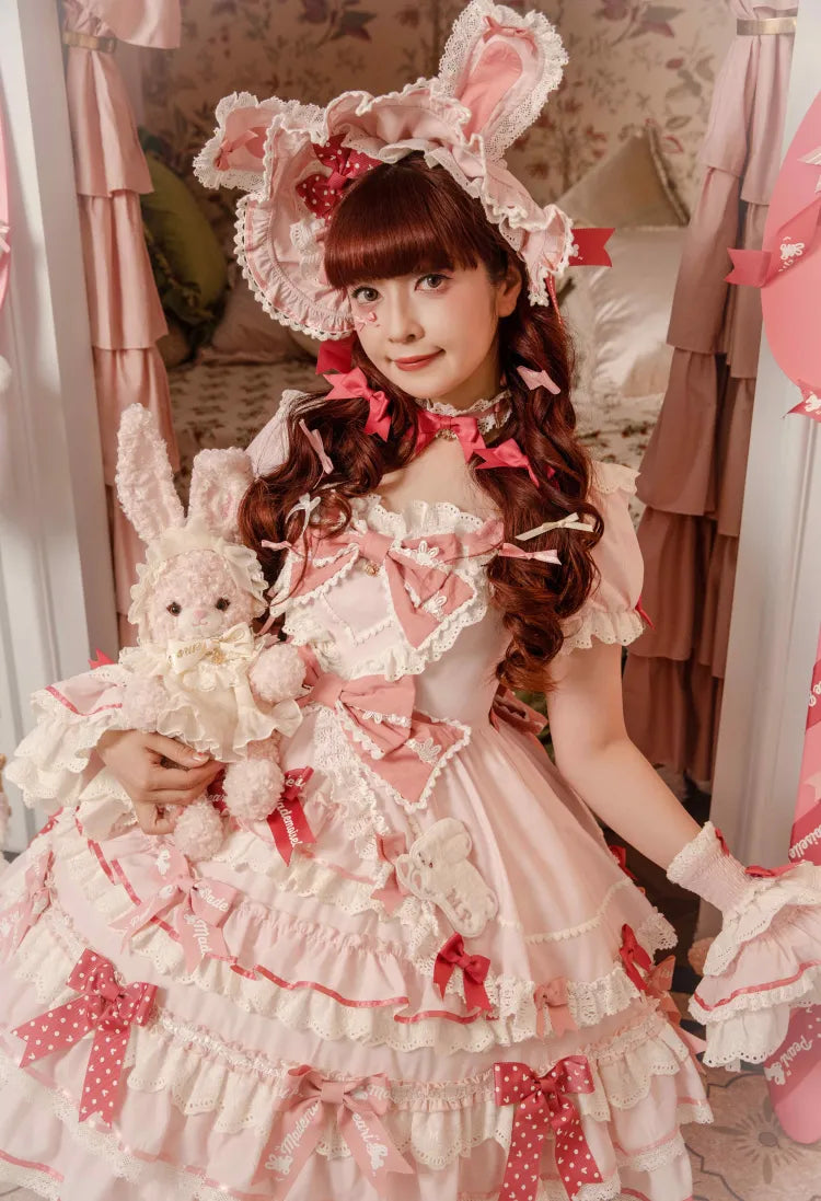 Rüschen Akzente Schleife Süßes Thema Hase Stück Ein Kleid Prinzessin Pink Lolita