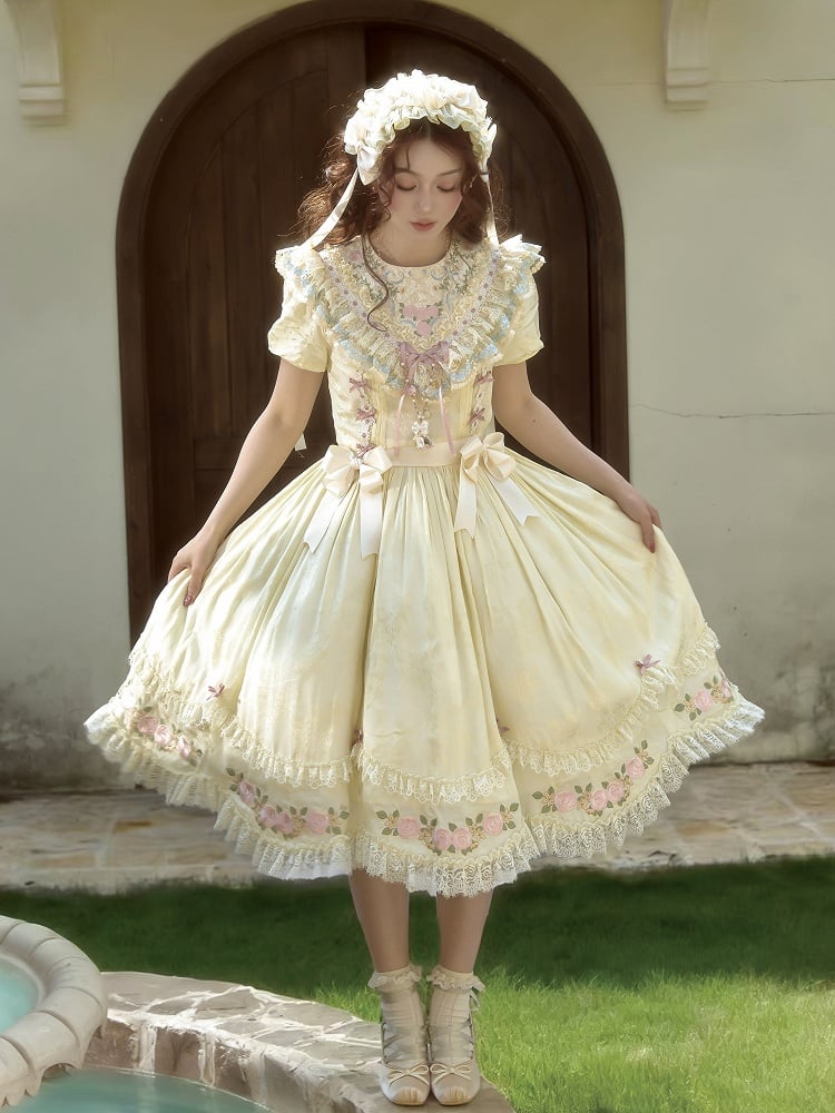 Yellow Embroidered Classic Lolita OP Dress with Scalloped Lace Hem