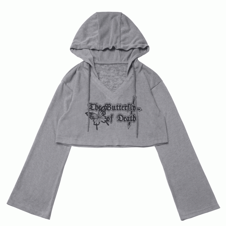 Knit Coverup Gray/Khaki V-neck Butterfly Print Hooded