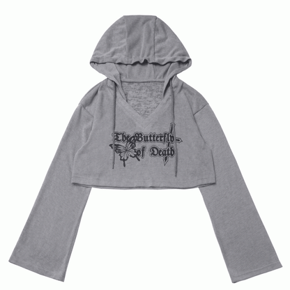 Knit Coverup Gray/Khaki V-neck Butterfly Print Hooded