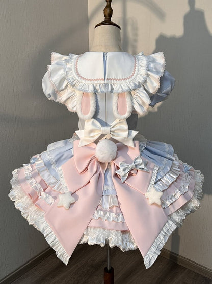 Süßes blaues Puffkleid mit Maid Bunny-Motiv in Pink und Lolita-Ärmeln
