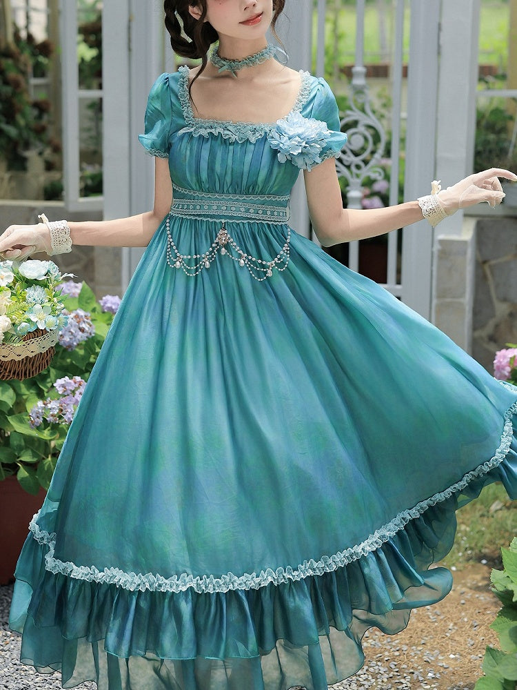 Square Neck Teal Lolita Dress with Belt & Chain Set - Elegant - With PUJI
