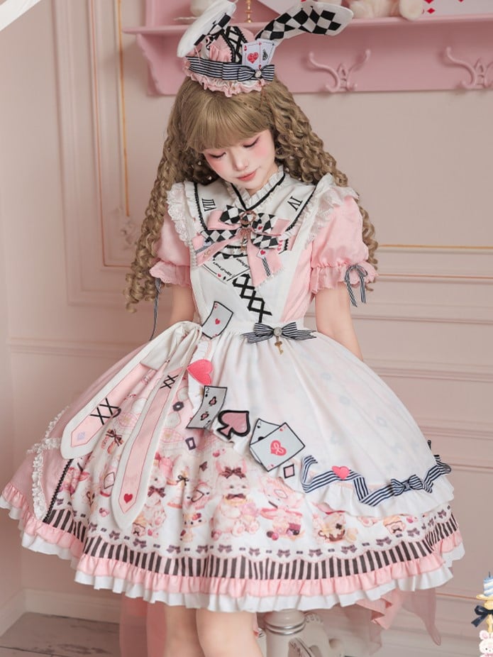 Sweet Lolita Apron Dress OP Full Set with Bunny & Teapot Print in Pink - Ying Luo Fu