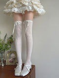 Milk White/Black Bowknot Overknee Stockings Floral Pattern Details