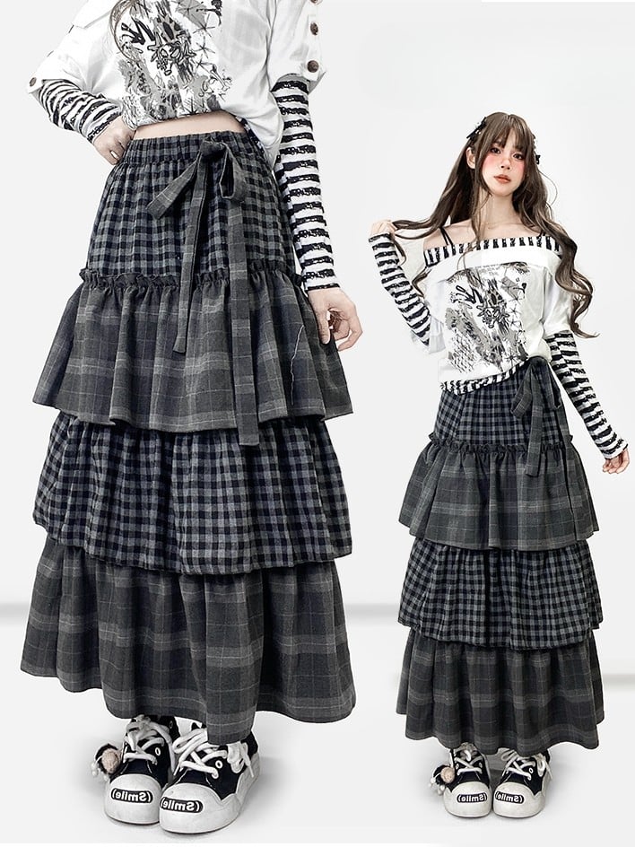 セルフタイダークストラップティアードチェックグレーパターンスカートビタースイート