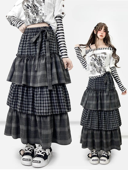 セルフタイダークストラップティアードチェックグレーパターンスカートビタースイート
