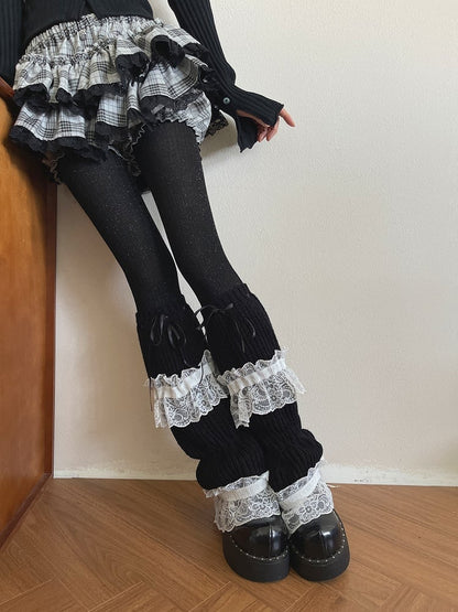 with Bowknot Ruffle Trim Warmers White Black Leg
