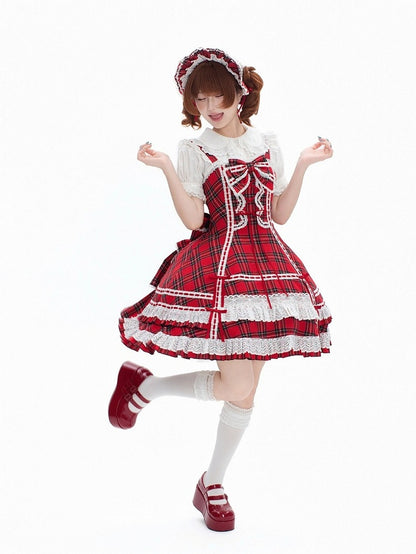 Red-White Plaid Cotton JSK Dress with Ribbon Accent