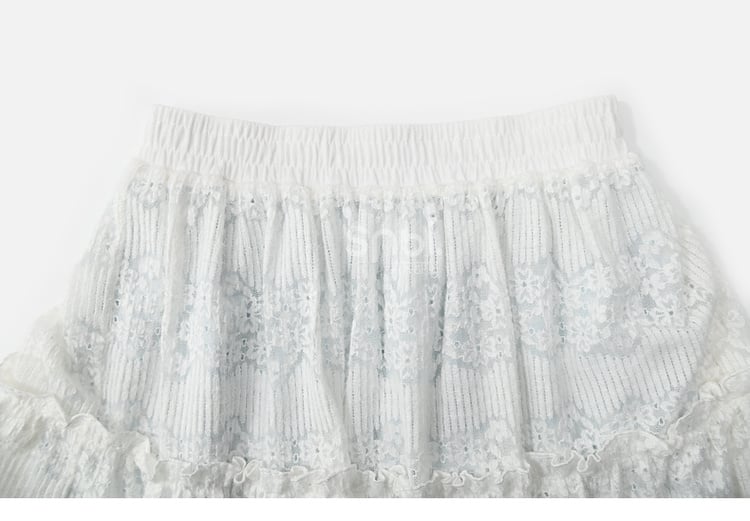 Blue and White High-Waisted Lace Patchwork Plaid Mori Kei Skirt