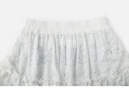 Blau-weißer Mori Kei-Rock mit hoher Taille und Patchwork-Karomuster