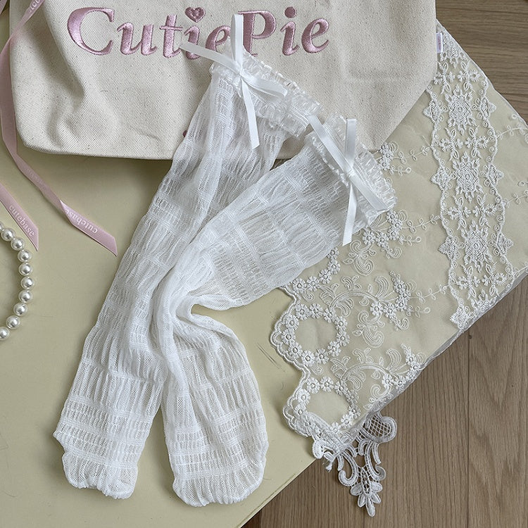 Socken mit Schleife, Tüll und Spitzendetails, Weiß/Schwarz, gerüscht