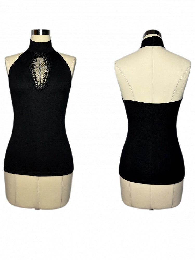 with Gothic Halter Cut-Out Black Embroidery Cross Vest Coffin