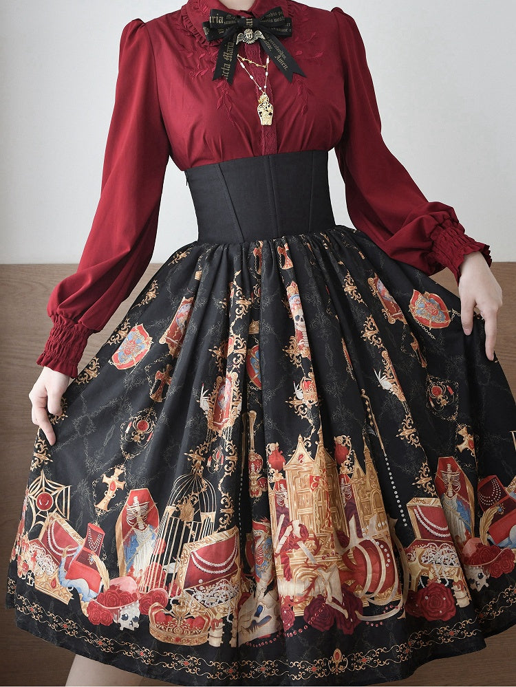Jewelry Waist Print Lolita Black Skirt High Dragon Boned Bone and