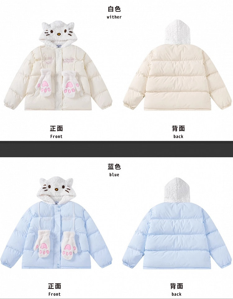 Weiße/rosa/hellblaue Kätzchen-Plüsch-Kapuzenjacke mit dicker Kapuze