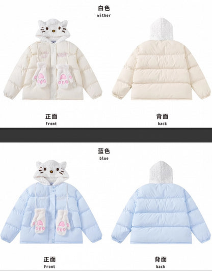 Weiße/rosa/hellblaue Kätzchen-Plüsch-Kapuzenjacke mit dicker Kapuze