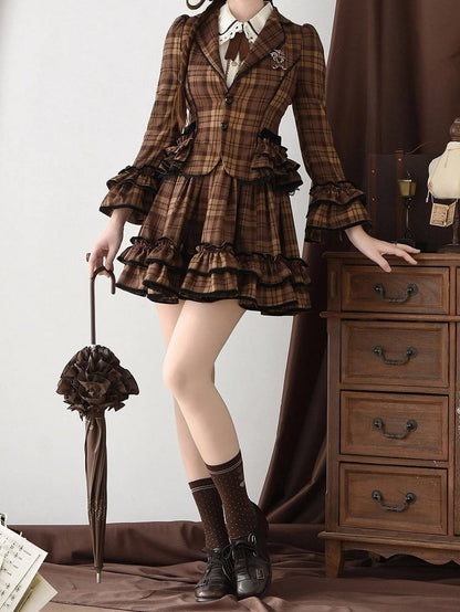 School Brown Blazer Old Notched Skirt Ruffled Plaid + - Lapel Lolita Set