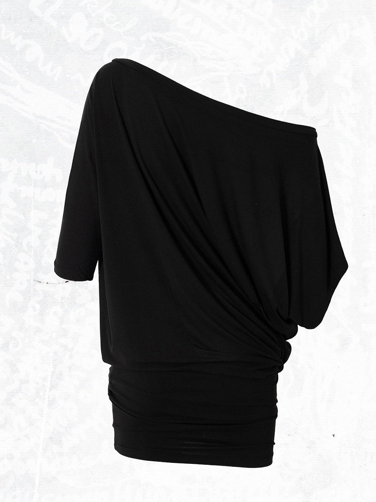 Asymmetrical Batwing Sleeve Black Bodycon Dress with Wing Print - NO ROMANCE