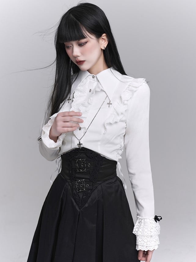 White Placket Waist Ruffled Adjustable Lace-up Goth with Blouse Victorian
