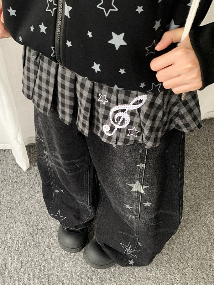 Pattern Jeans Star Wide-leg Distressed with Y2K Design Black
