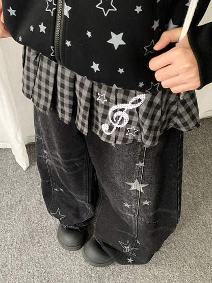 Pattern Jeans Star Wide-leg Distressed with Y2K Design Black