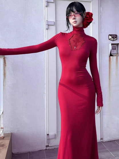 ゴシックレッドコフィンカットアウトクロスディテールハイネックマーメイドスカートマキシドレス