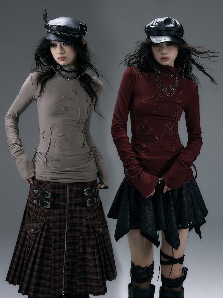 Khaki/Dunkelrotes Wendbares Top mit hohem Kragen