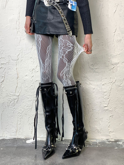 ホワイト Y2K フラワーカットアウトデザインタイツ