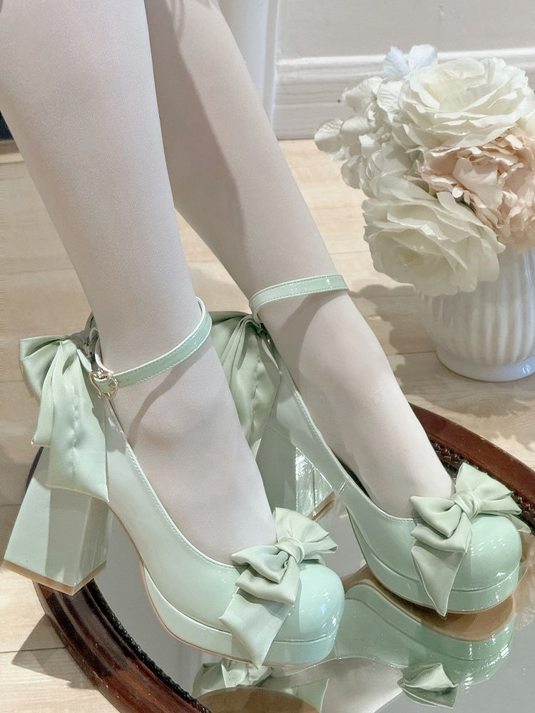 Green Sweet Toe Bowknot Lolita Platform Janes Round Mary Shoes Details