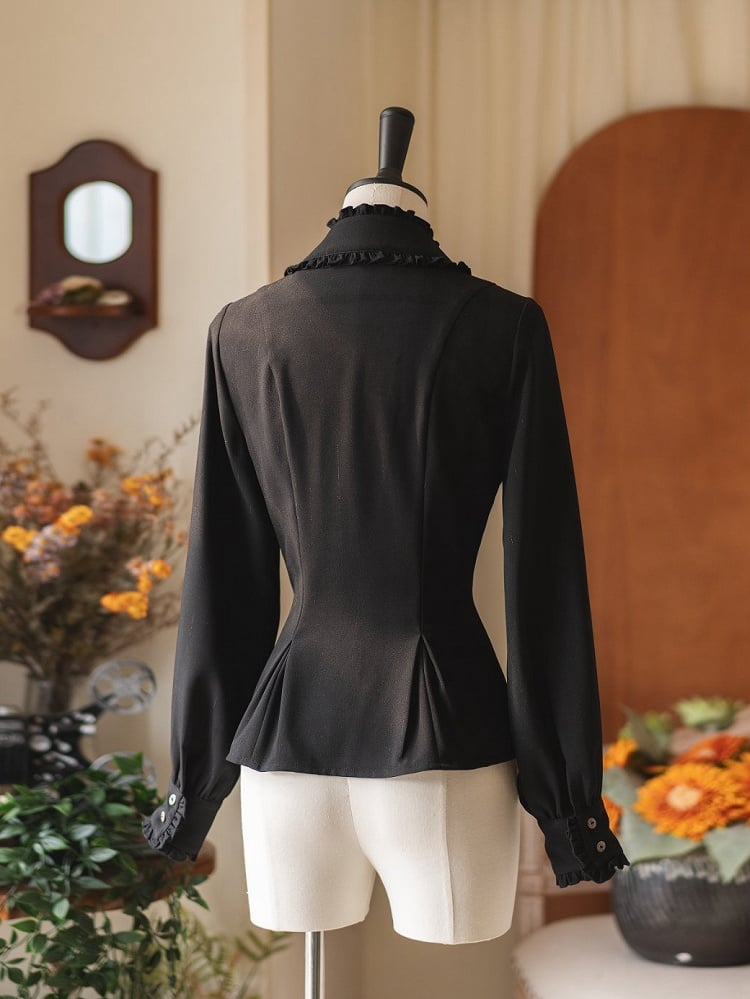Black Elegant Vintage Blouse Jabot Sleeves Collar Long