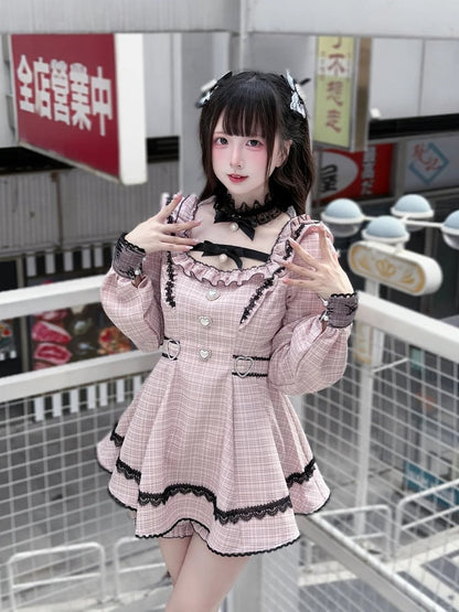Jirai Matching Sweet Pink with Collar Outfit: Shorts Kei Detachable Two-Piece Tweed Puff Plaid Dress