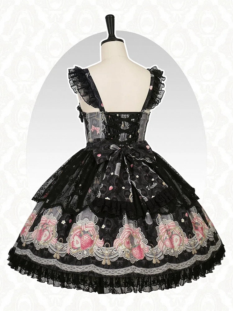 Süßer schwarzer Lolita-Rock mit Erdbeer-Print