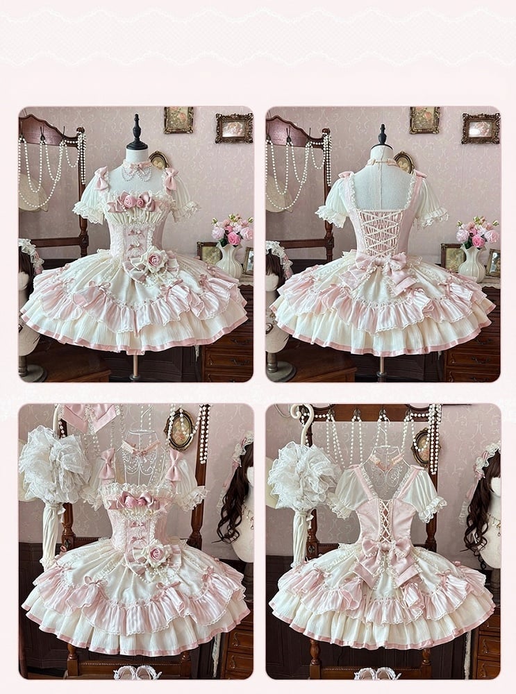 Ballet Pink Square Neck Puff Sleeve Lolita Dress with Roses - Rose Weaving Poetry