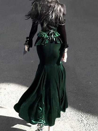 Shrug with Long Green Velvet Dress Forest Dark Mermaid Sleeves