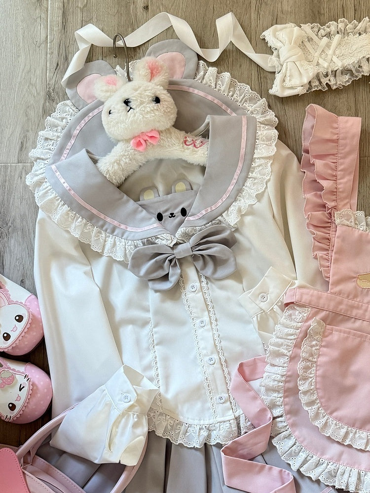 Bow Sailor Mouse Button Blouse Cute - Collar White Themed Gray with Embroidery Front Trim Lace