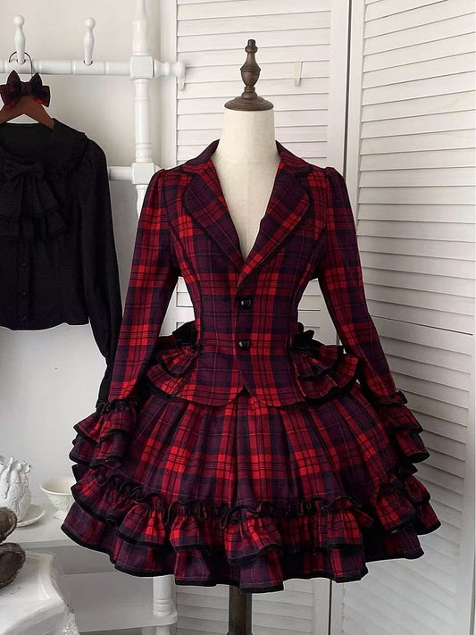 Lapel Skirt Red Blazer School Ruffled Plaid Old - Lolita + Notched Set