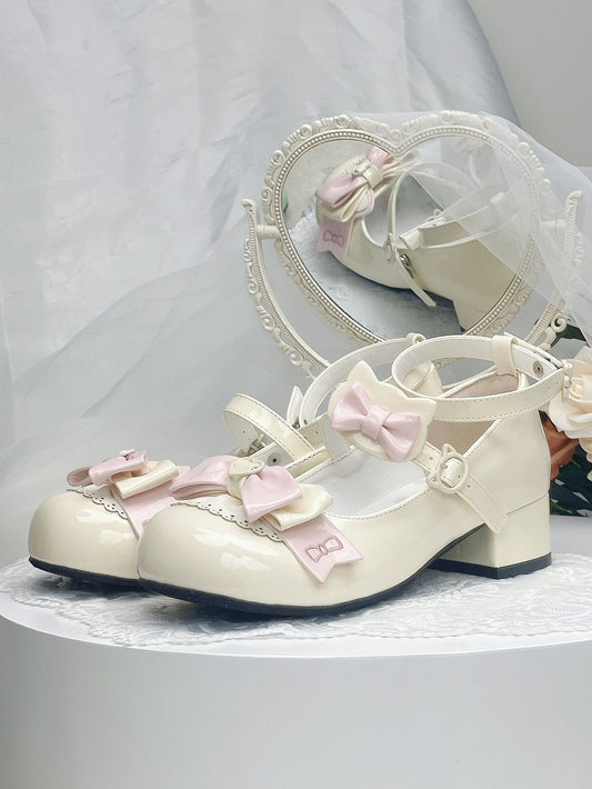 Apricot&Pink Bowknot Kitty-shaped Buckle Strap Block Heels Lolita Mary Janes