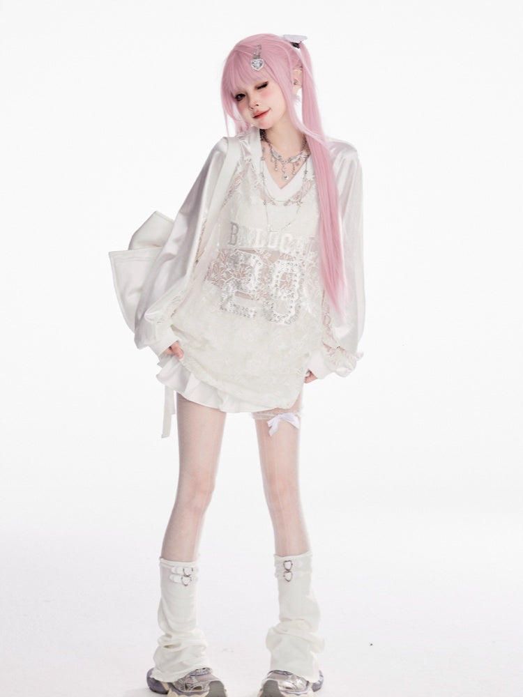 Sweatshirt Weiß V-Ausschnitt Kontrast Spitze Patches Nummer Applikation Sommer